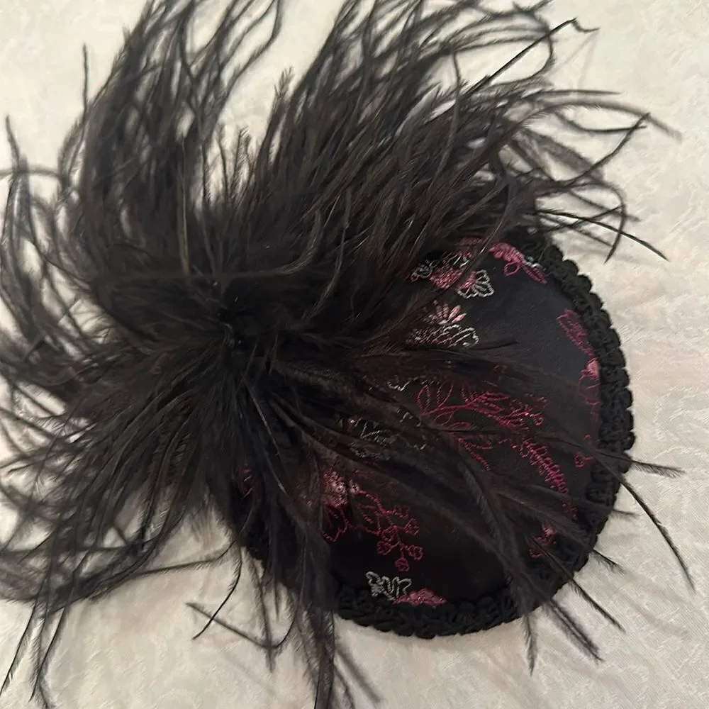 Taissa Lada Handmade Feather Fascinator Maribou Satin Lace Purple Black Hat Clip